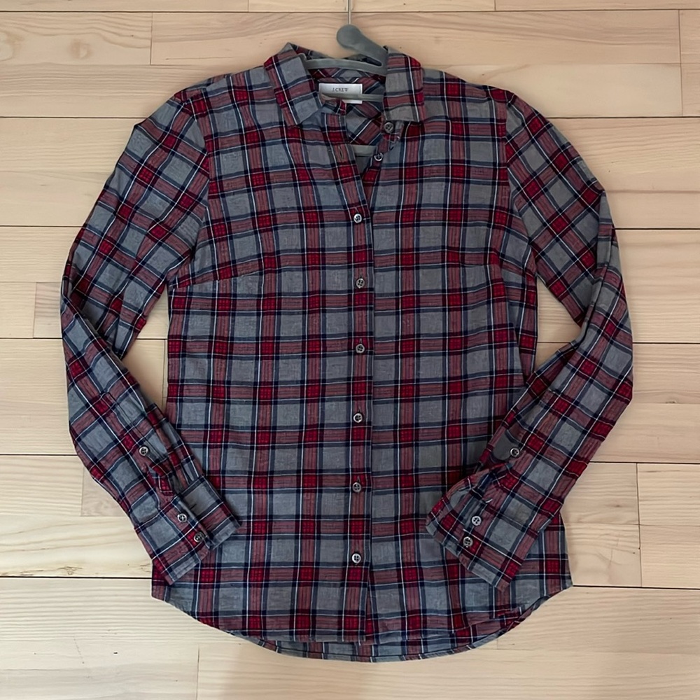 J. Crew Red and Gray Checkered Button-up Blouse - Sz 00